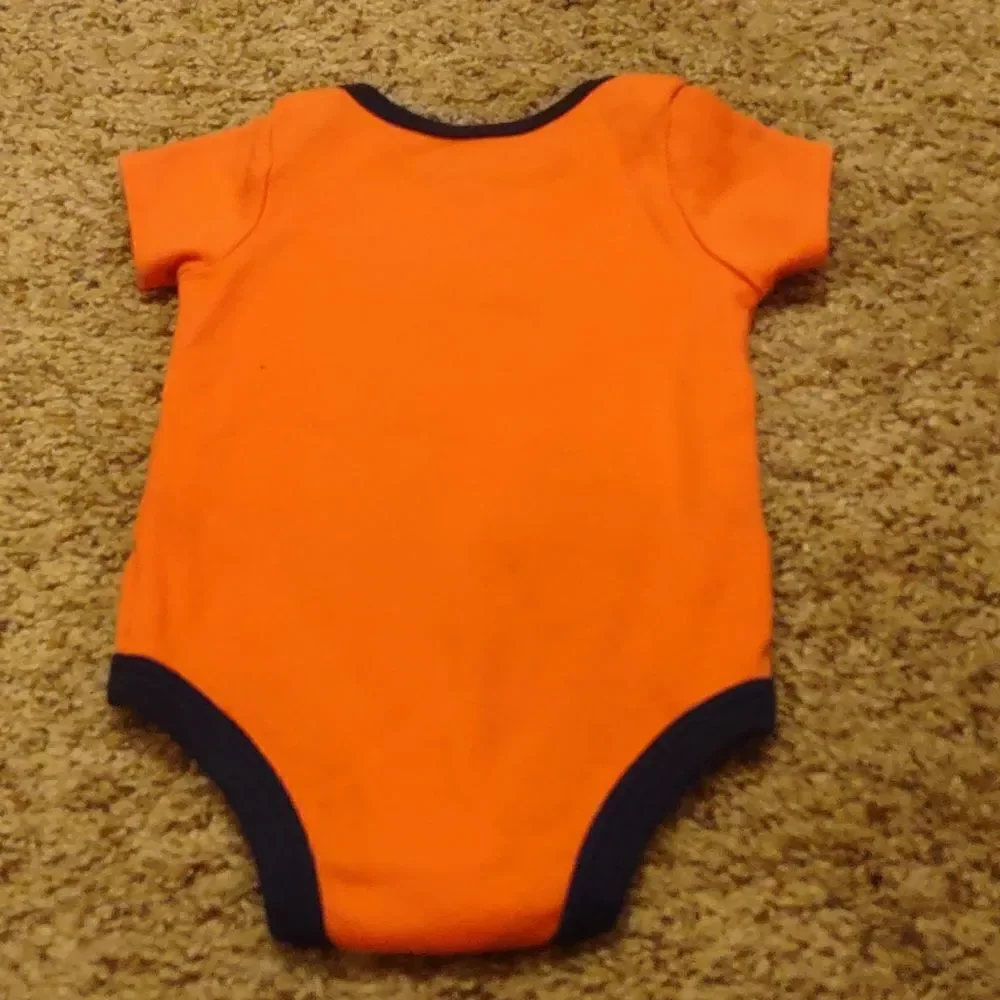 Lullaby 6-9 mo onesie with hammerhead shark, orange with navy trim snap crotch‎